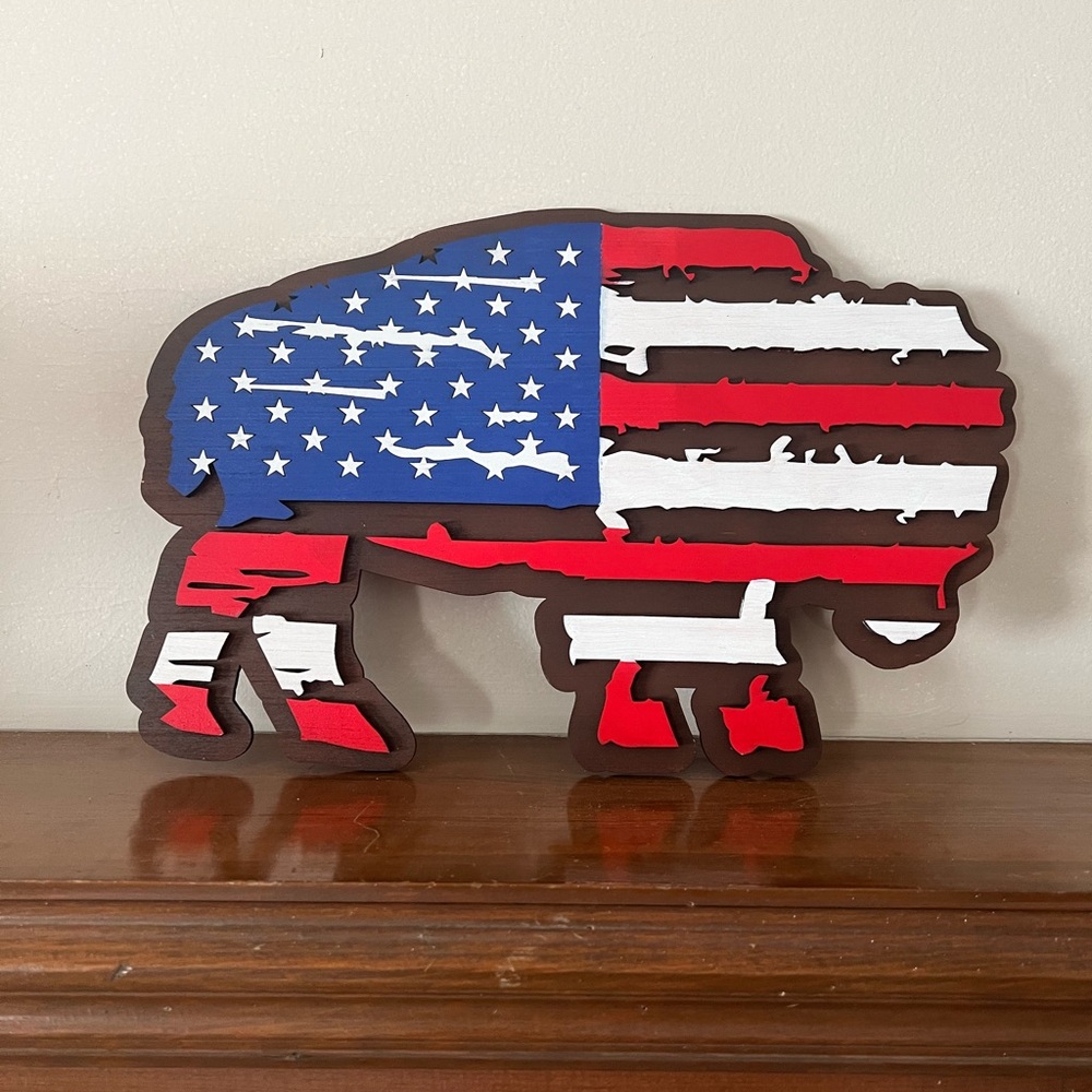 Handmade Laser Cut Buffalo United States American Flag Home Decor 4th of July
